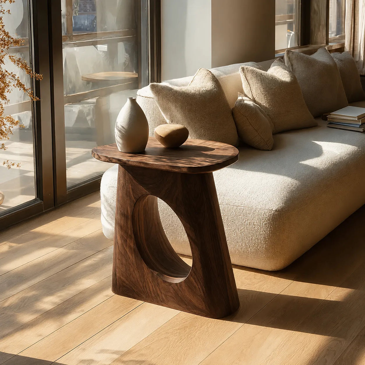 Natural Solid Wood Side Table with Sculptural Open Pedestal Base