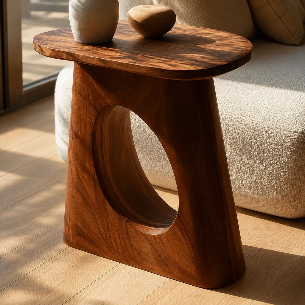 Natural Solid Wood Side Table with Sculptural Open Pedestal Base