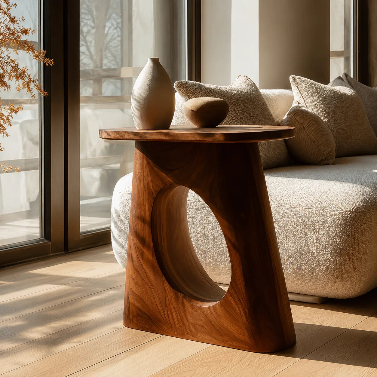 Natural Solid Wood Side Table with Sculptural Open Pedestal Base