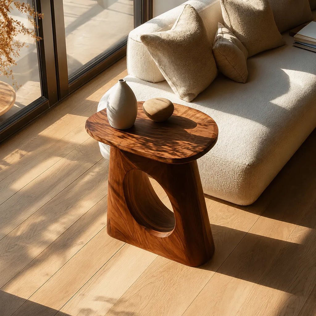 Natural Solid Wood Side Table with Sculptural Open Pedestal Base