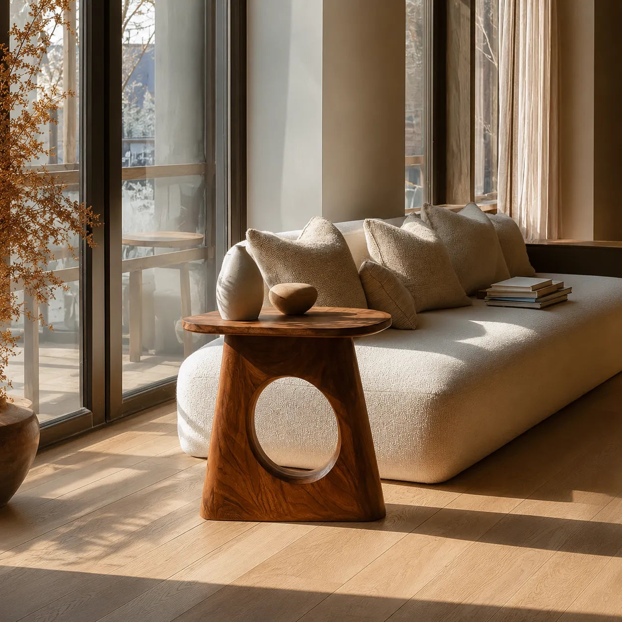 Natural Solid Wood Side Table with Sculptural Open Pedestal Base