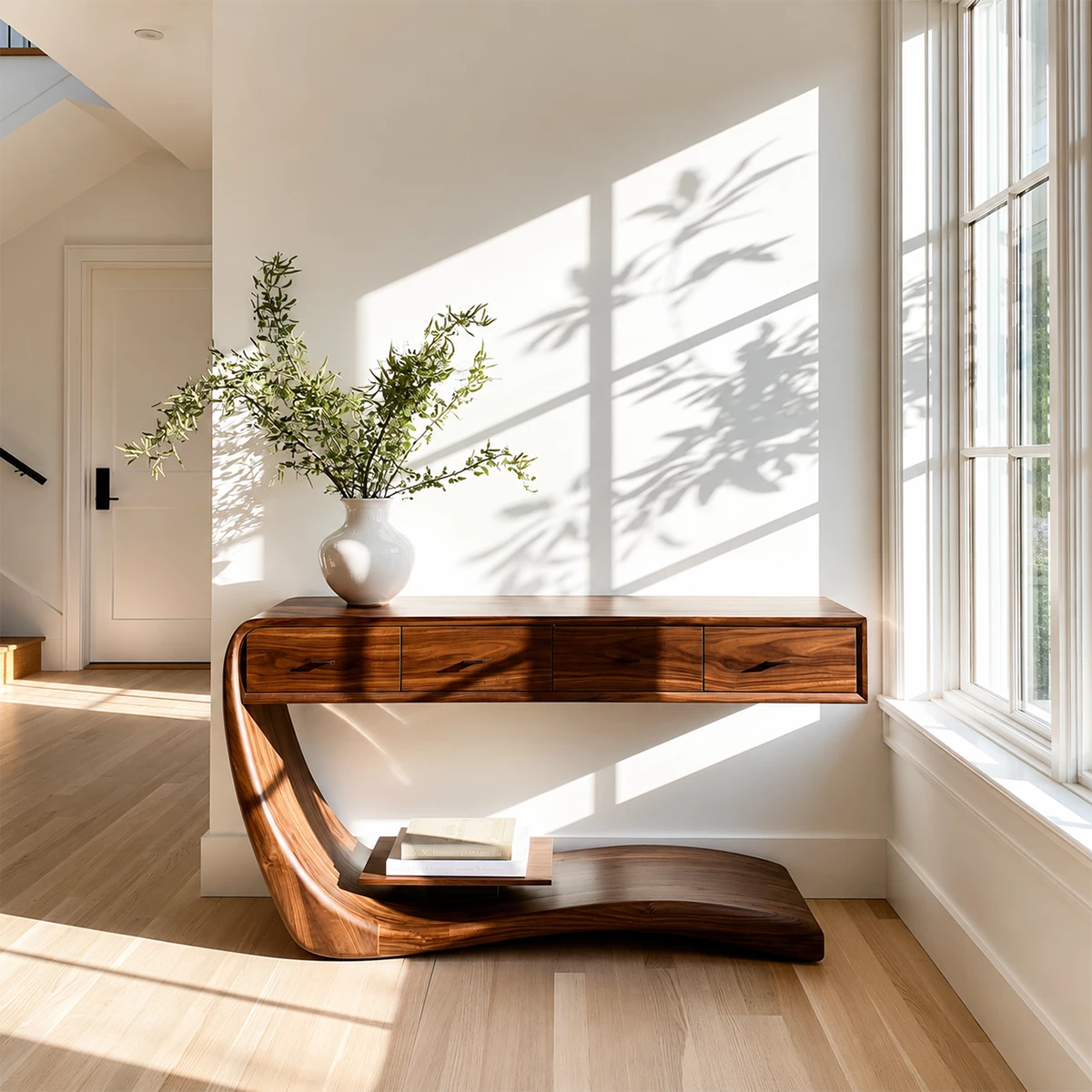 Natural Solid Wood Console Table with Four Drawers Sculptural Cantilever Style