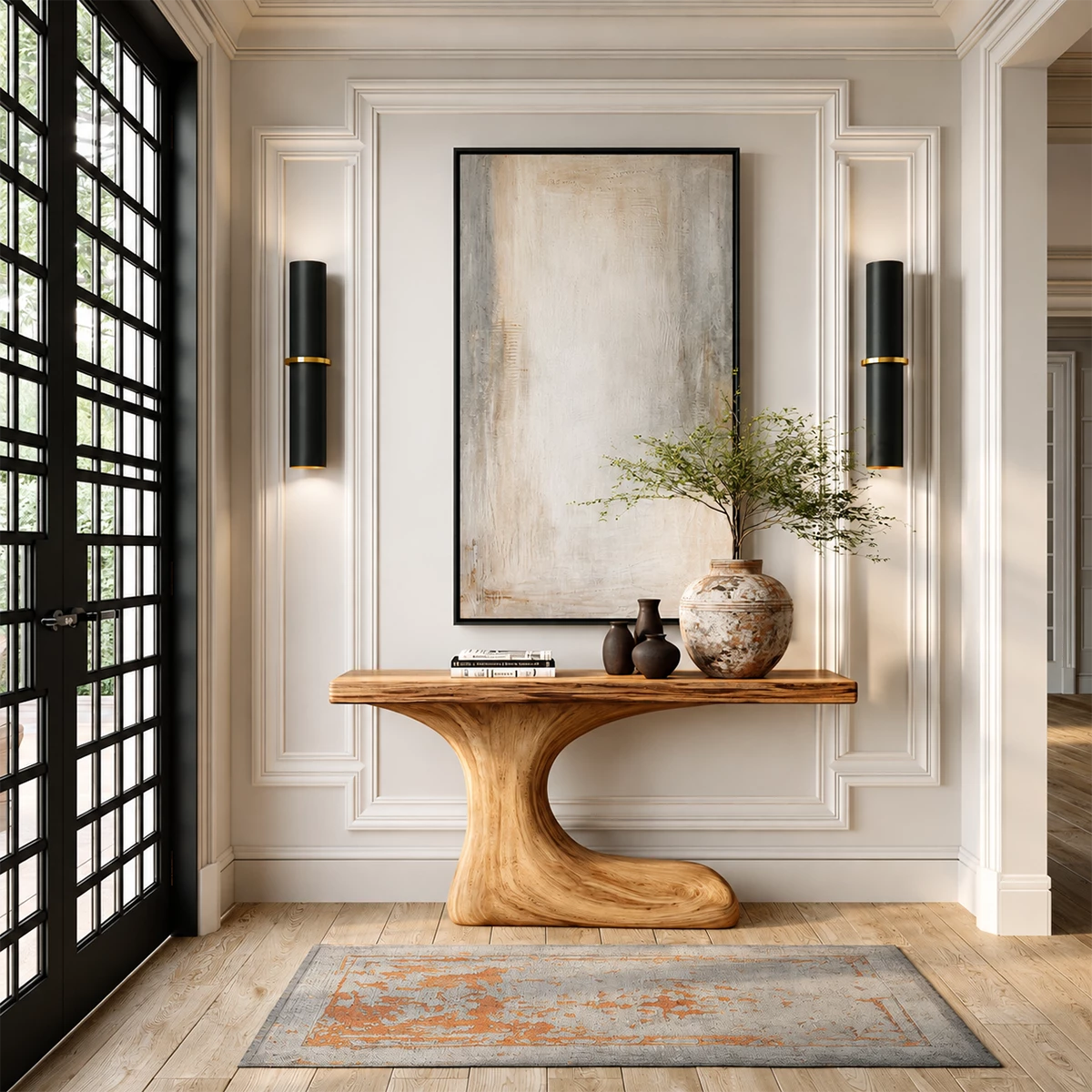 Natural Solid Wood Console Table Sculptural Crescent Modern Style