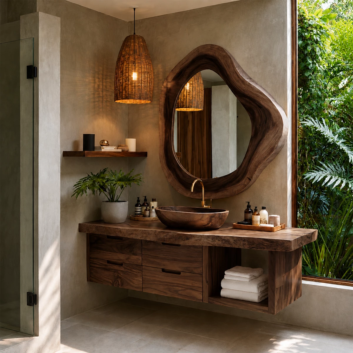 Organic Floating Bathroom Vanity With Sculptural Wood Mirror & Open Storage
