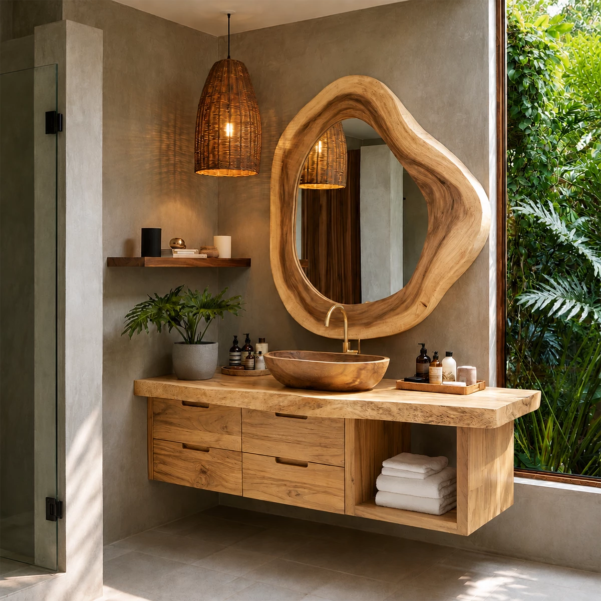 Organic Floating Bathroom Vanity With Sculptural Wood Mirror & Open Storage