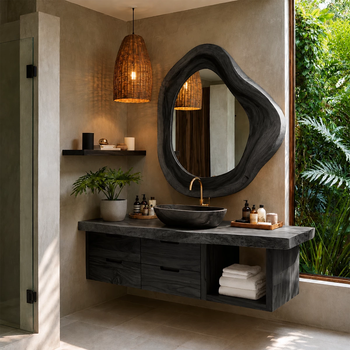 Organic Floating Bathroom Vanity With Sculptural Wood Mirror & Open Storage