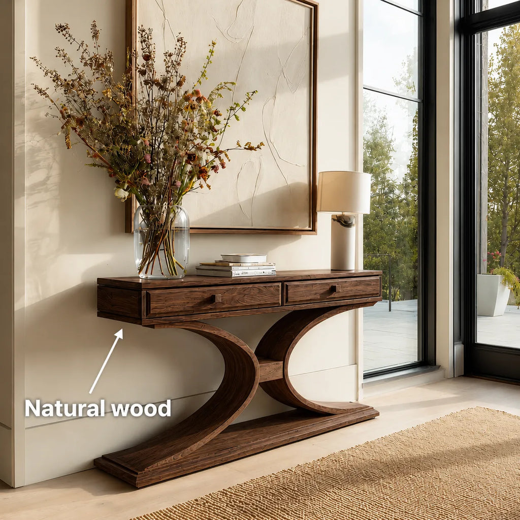 Natural Solid Wood Console Table with 2 Drawers and Sculptural Base