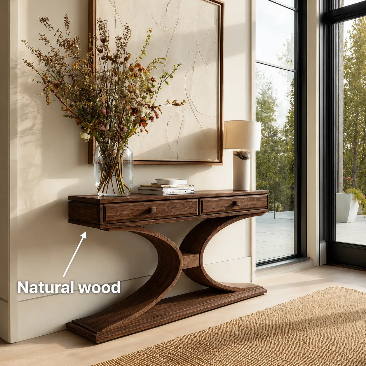 Natural Solid Wood Console Table with 2 Drawers and Sculptural Base