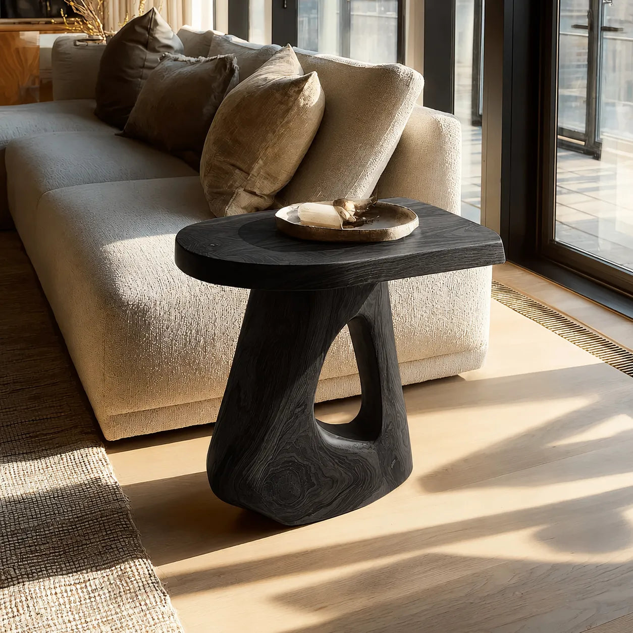 Sculptural Natural Solid Wood Side Table with Open Pedestal Base