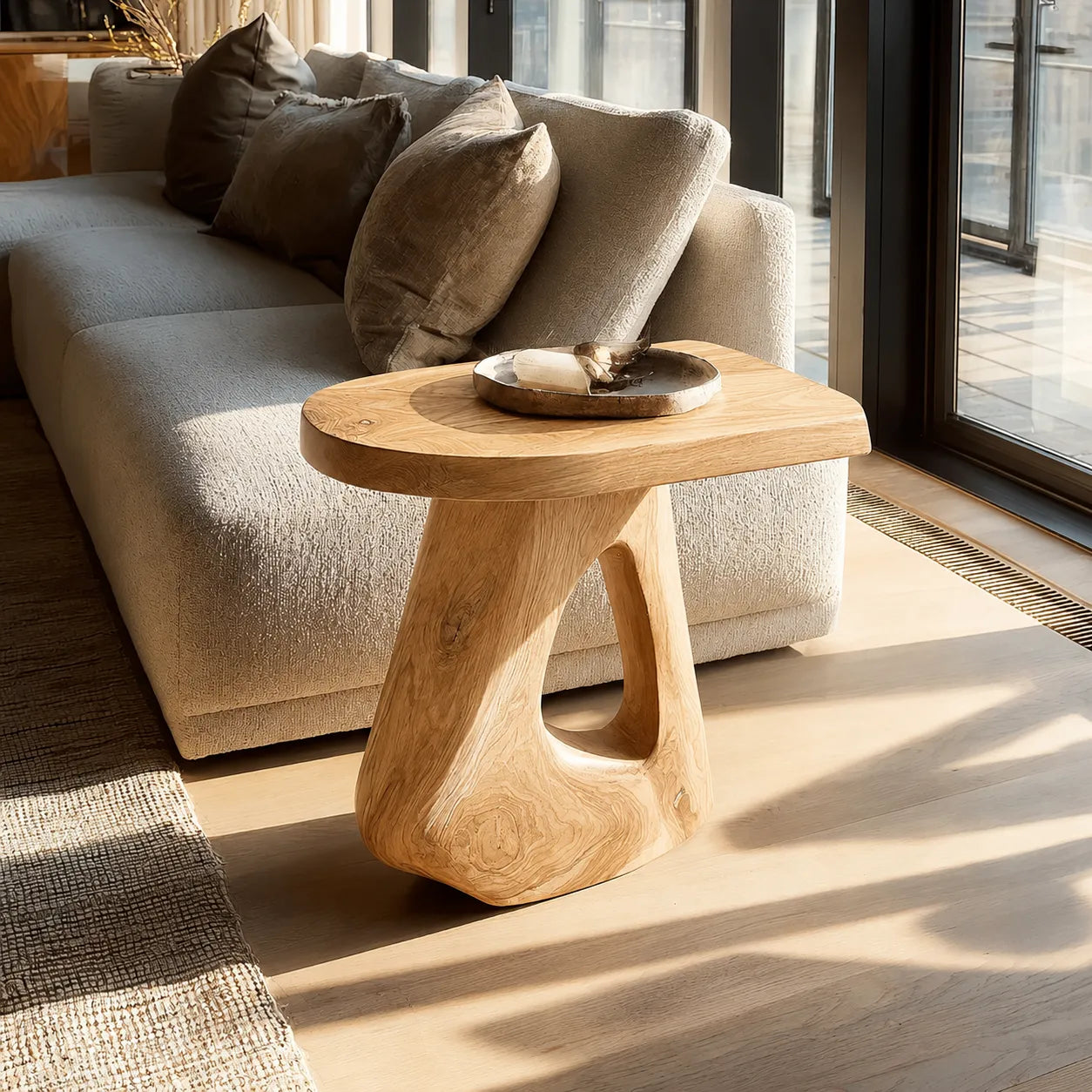Sculptural Natural Solid Wood Side Table with Open Pedestal Base