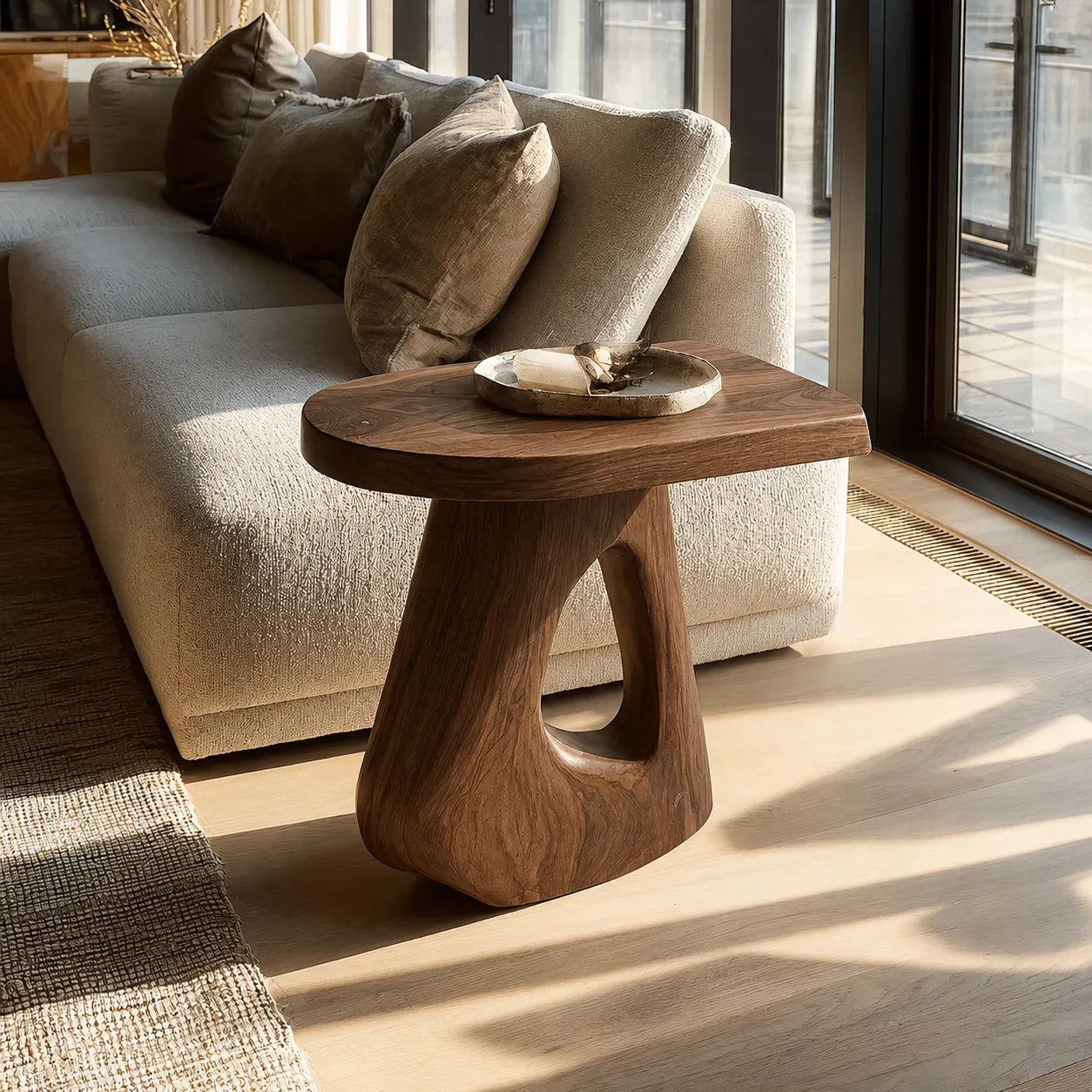 Sculptural Natural Solid Wood Side Table with Open Pedestal Base