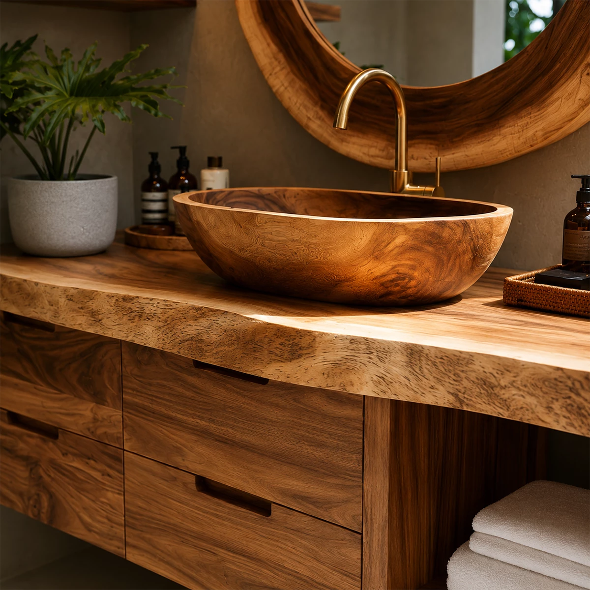 Organic Floating Bathroom Vanity With Sculptural Wood Mirror & Open Storage