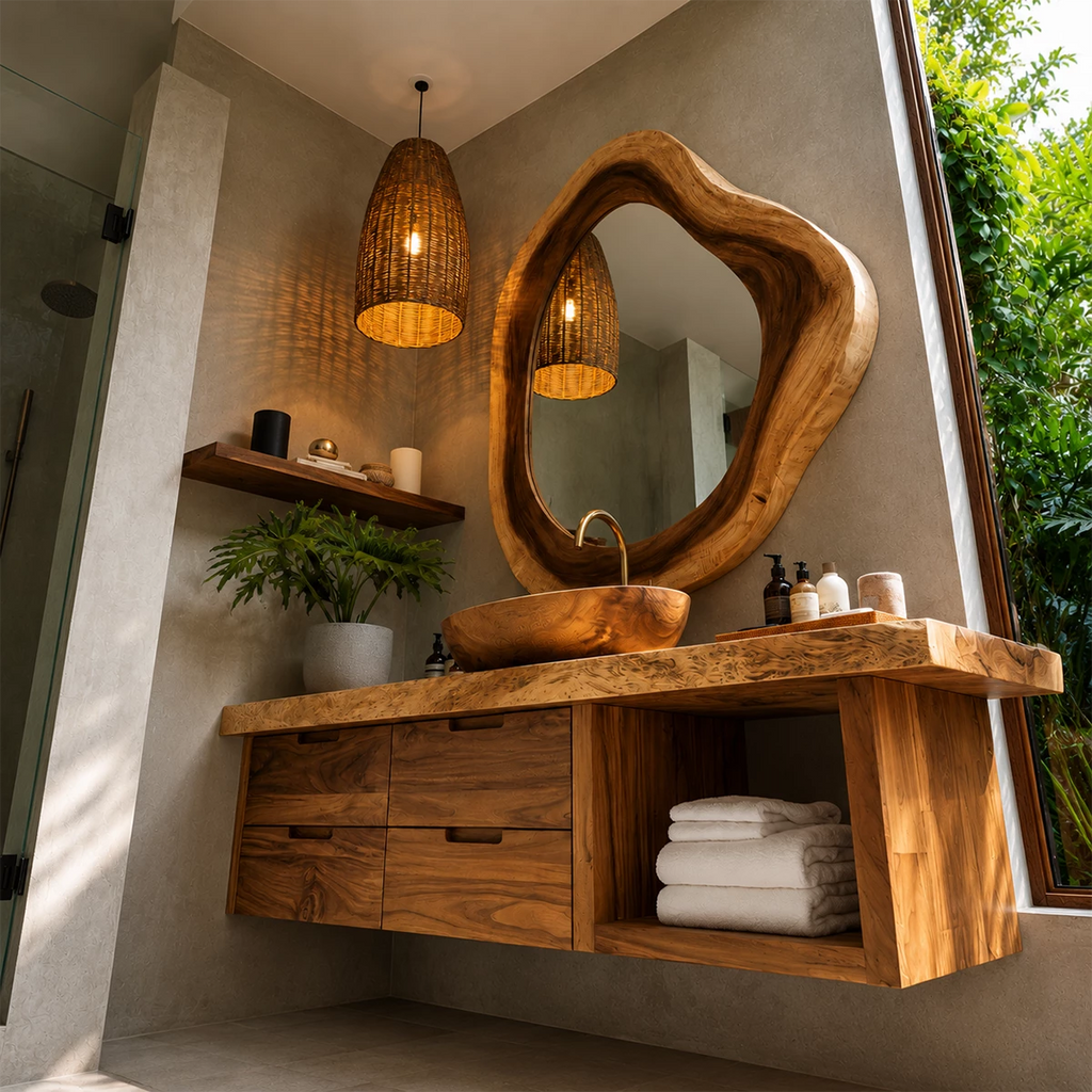 Organic Floating Bathroom Vanity With Sculptural Wood Mirror & Open Storage