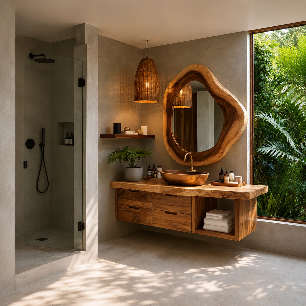 Organic Floating Bathroom Vanity With Sculptural Wood Mirror & Open Storage