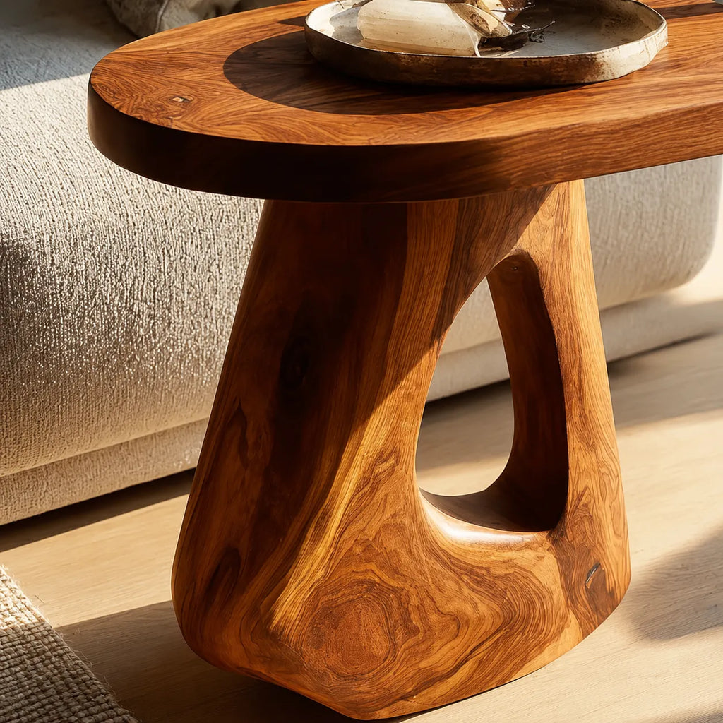 Sculptural Natural Solid Wood Side Table with Open Pedestal Base