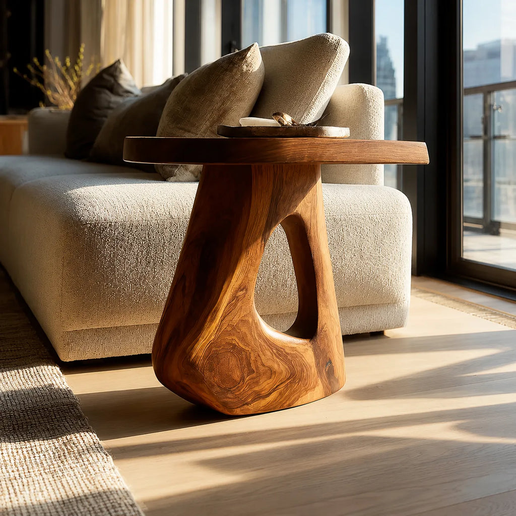 Sculptural Natural Solid Wood Side Table with Open Pedestal Base
