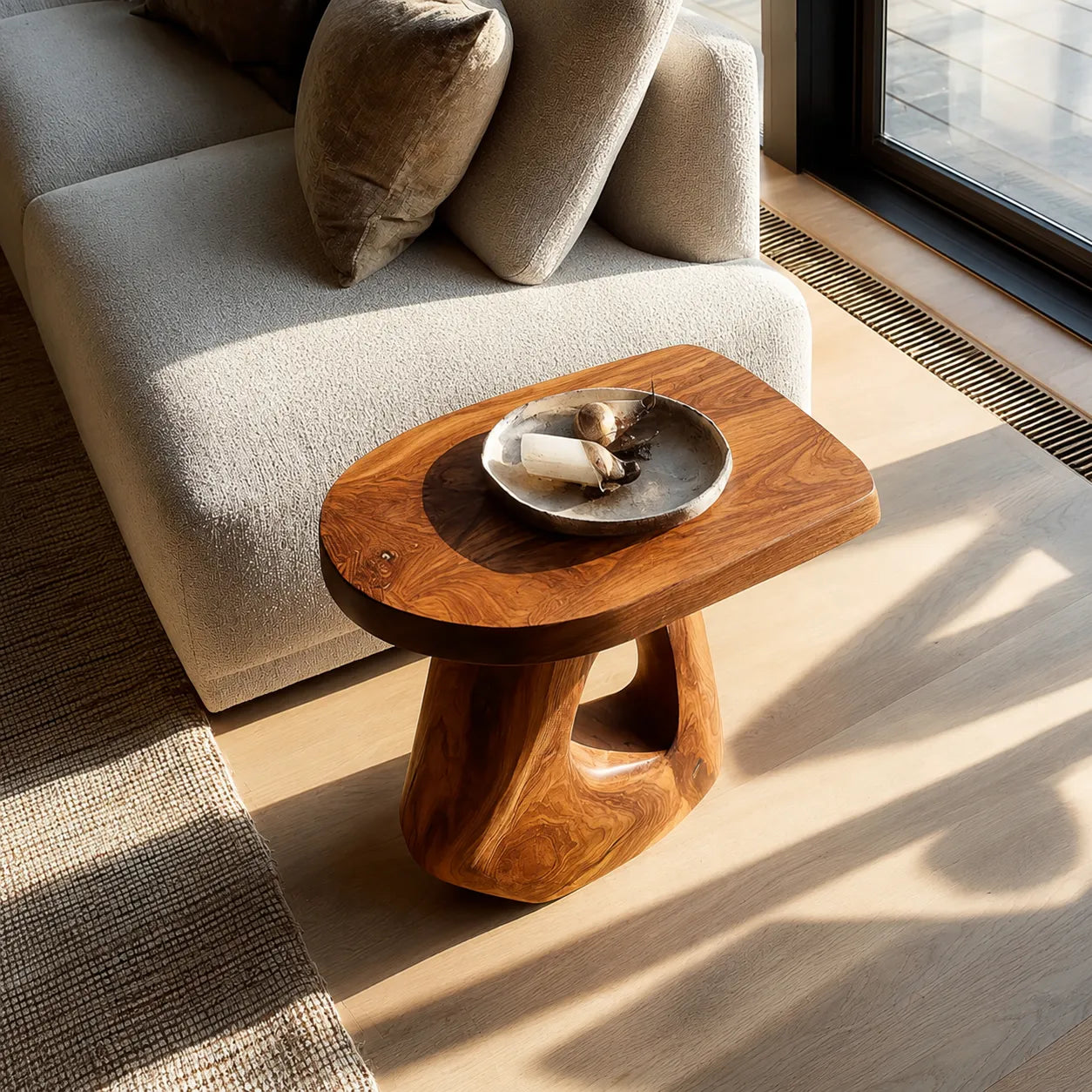 Sculptural Natural Solid Wood Side Table with Open Pedestal Base