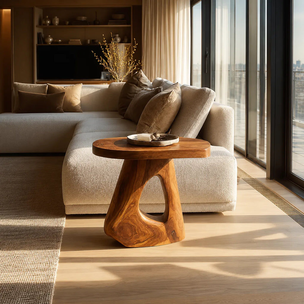 Sculptural Natural Solid Wood Side Table with Open Pedestal Base