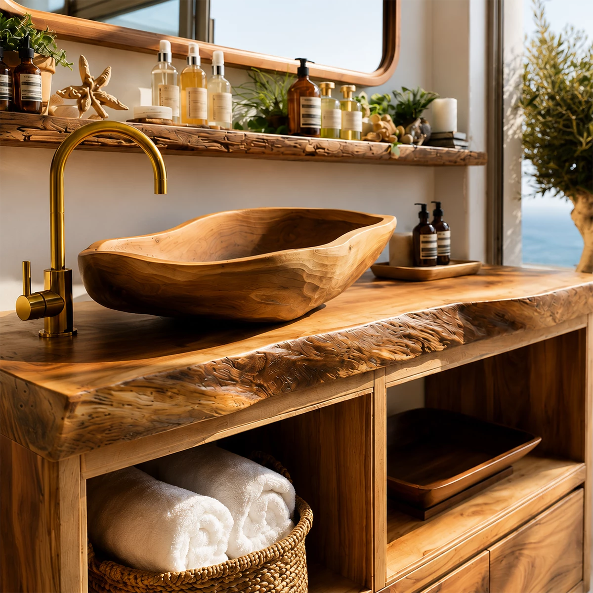 Natural Wood Bathroom Vanity With Live Edge Countertop & Open Storage