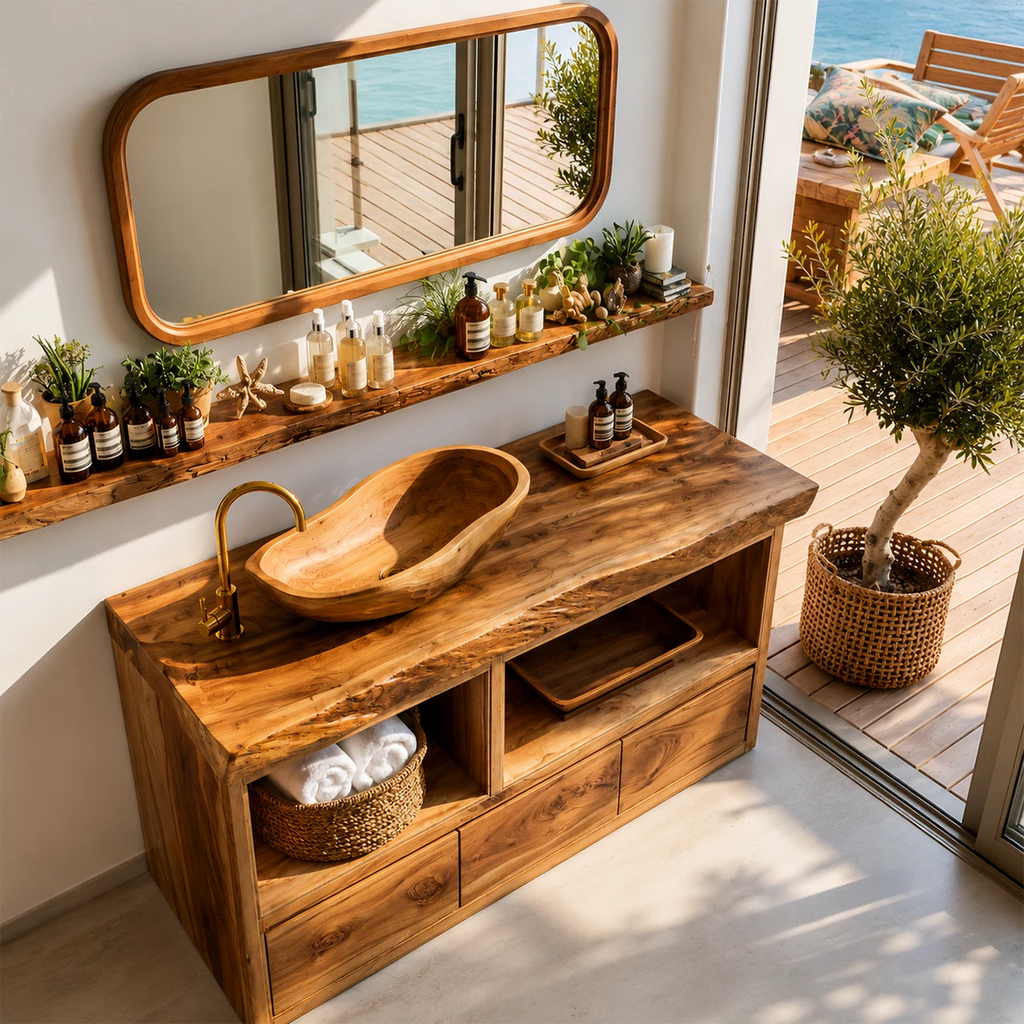 Natural Wood Bathroom Vanity With Live Edge Countertop & Open Storage