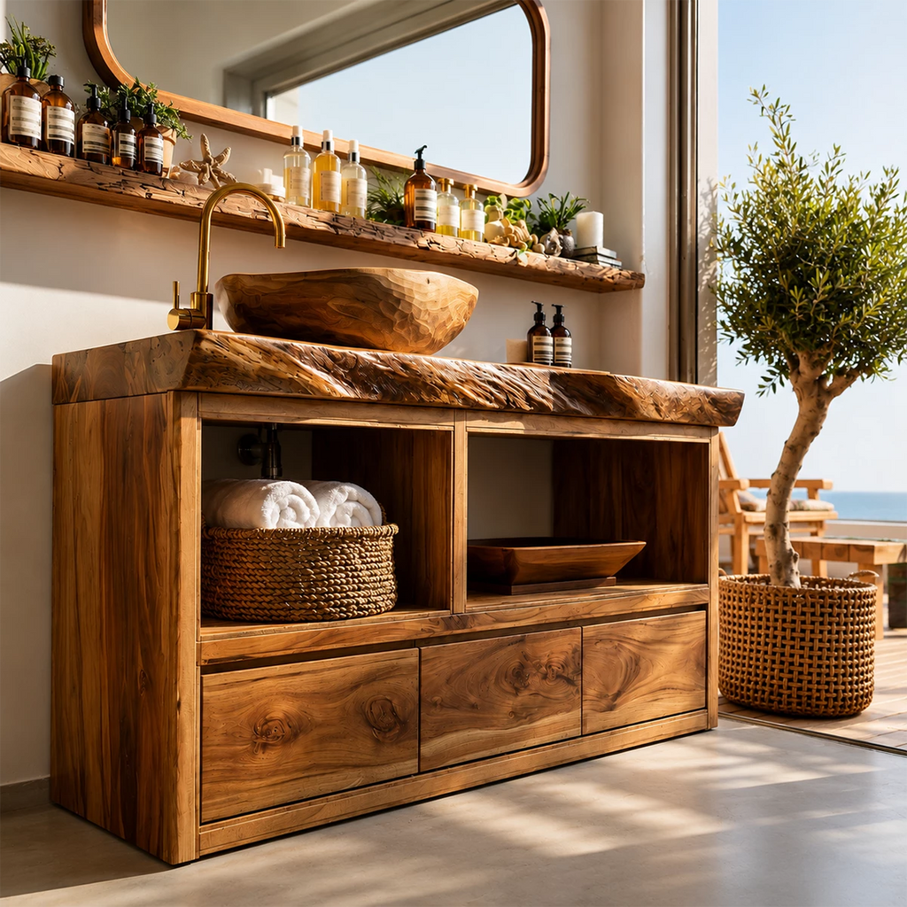 Natural Wood Bathroom Vanity With Live Edge Countertop & Open Storage