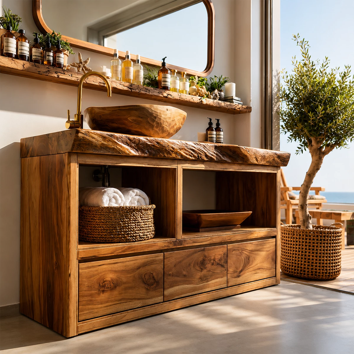 Natural Wood Bathroom Vanity With Live Edge Countertop & Open Storage