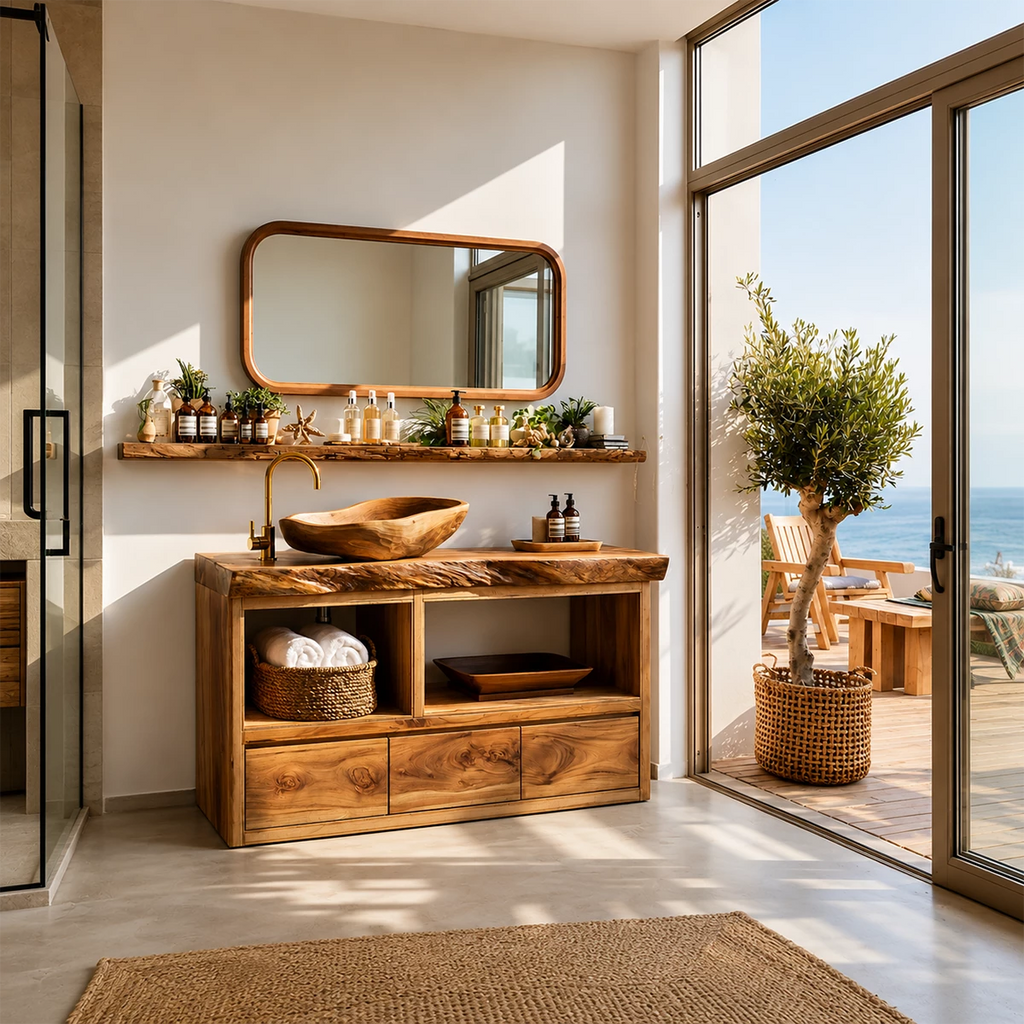Natural Wood Bathroom Vanity With Live Edge Countertop & Open Storage