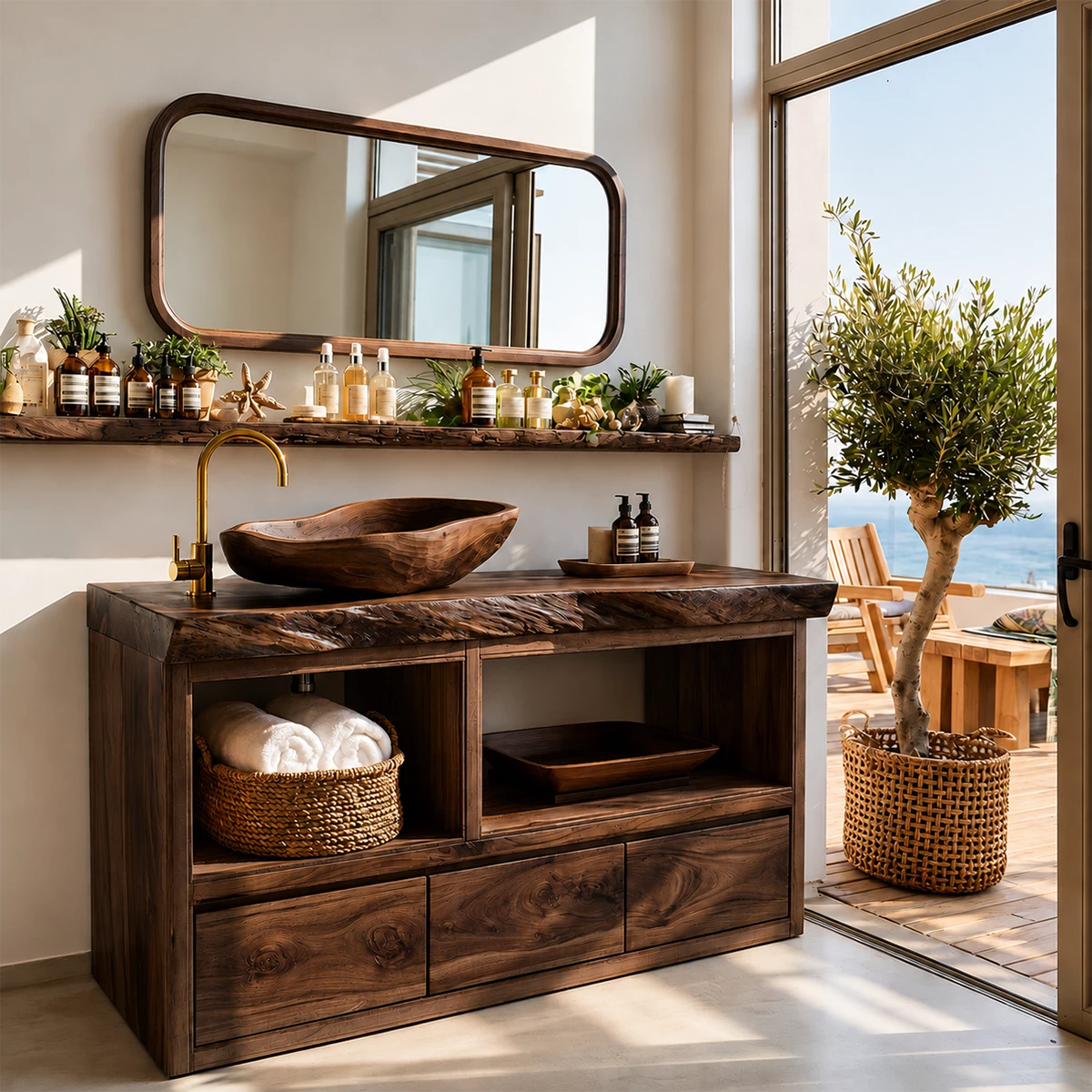 Natural Wood Bathroom Vanity With Live Edge Countertop & Open Storage