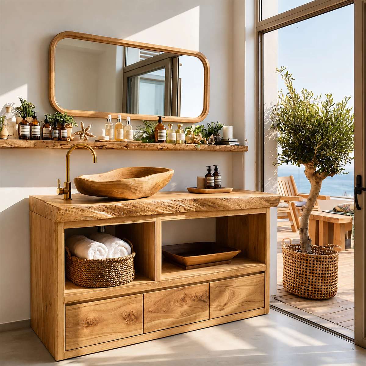 Natural Wood Bathroom Vanity With Live Edge Countertop & Open Storage