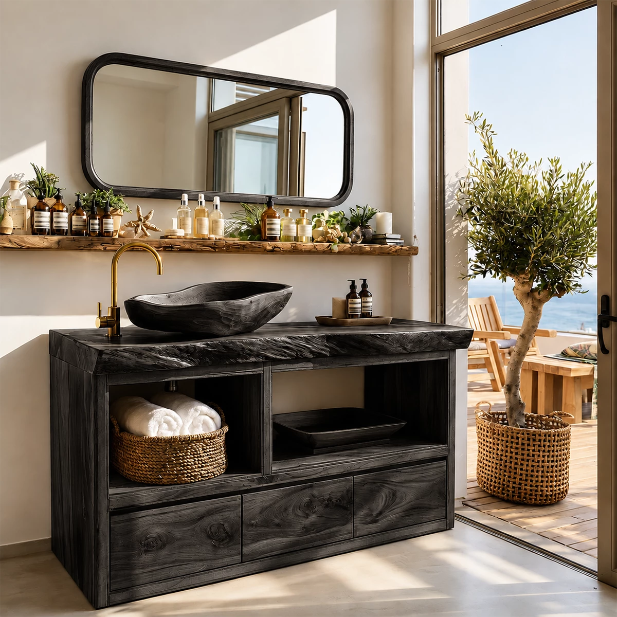 Natural Wood Bathroom Vanity With Live Edge Countertop & Open Storage