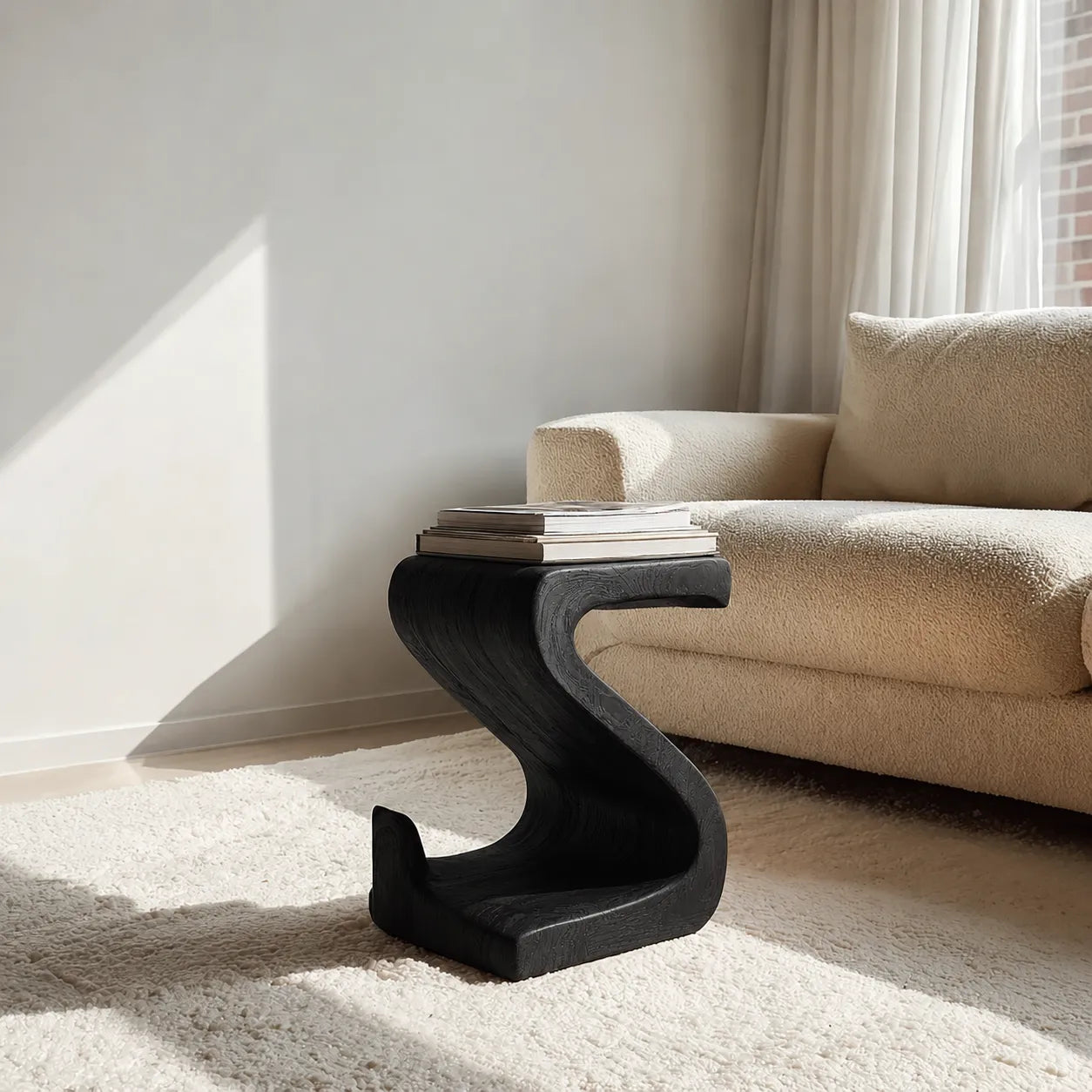 Sculptural Natural Solid Wood Side Table with Curved S Base