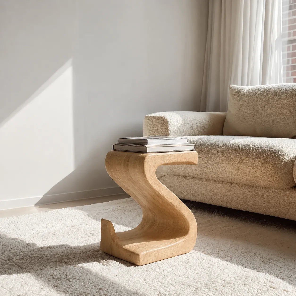 Sculptural Natural Solid Wood Side Table with Curved S Base