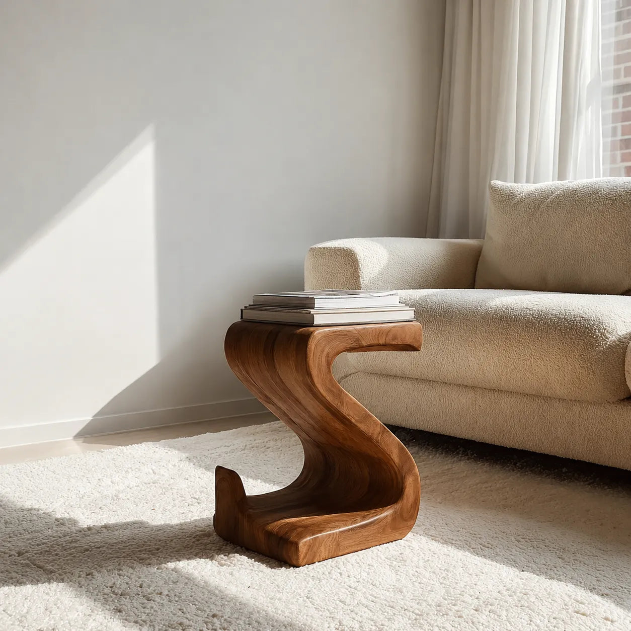 Sculptural Natural Solid Wood Side Table with Curved S Base