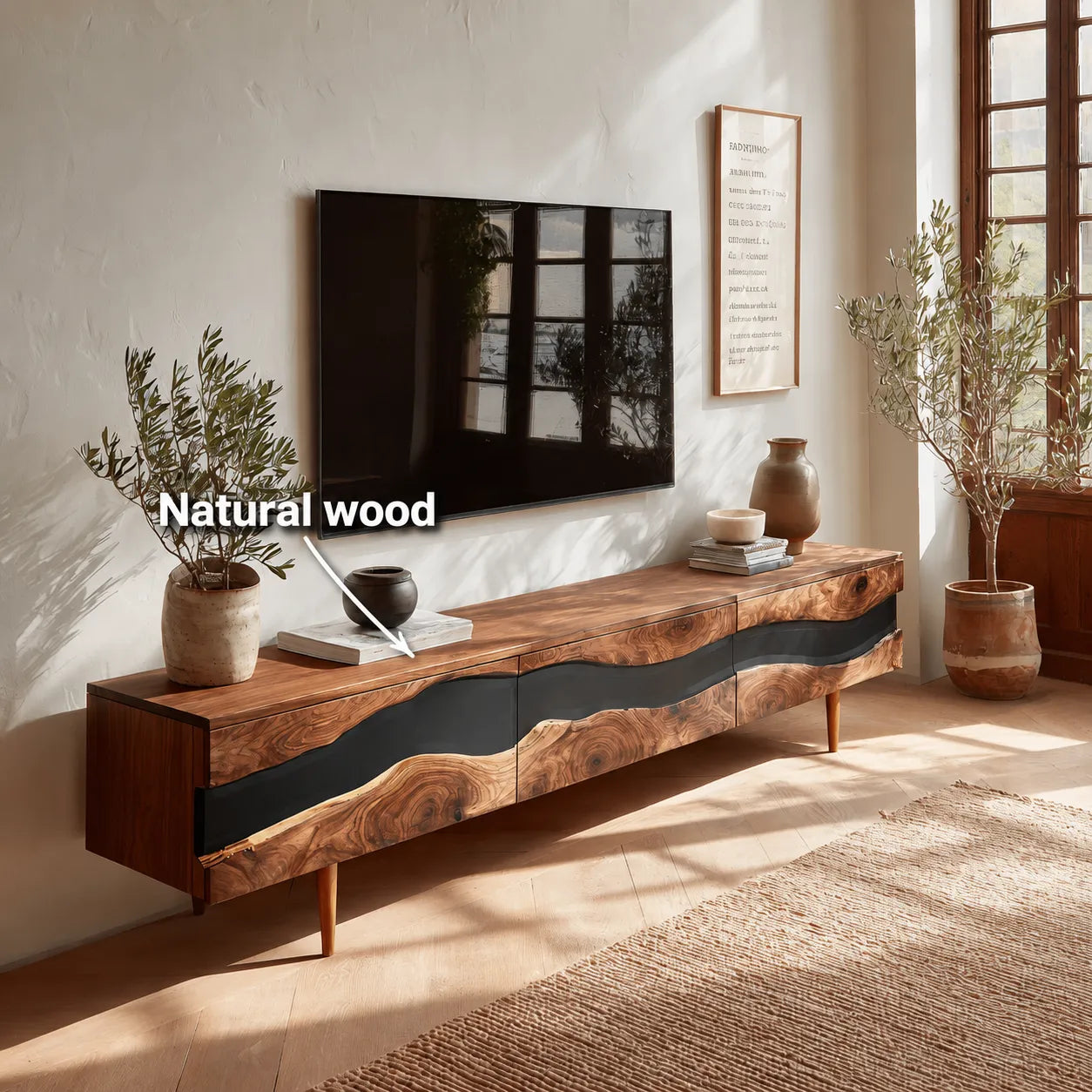 Live Edge Natural Solid Wood TV Stand with Organic Flow Front Design