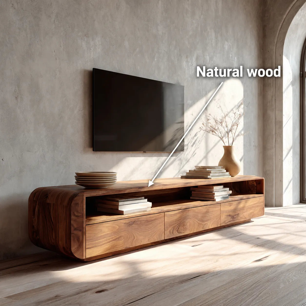 Rounded Natural Solid Wood TV Stand with Open Shelf and Drawer Storage