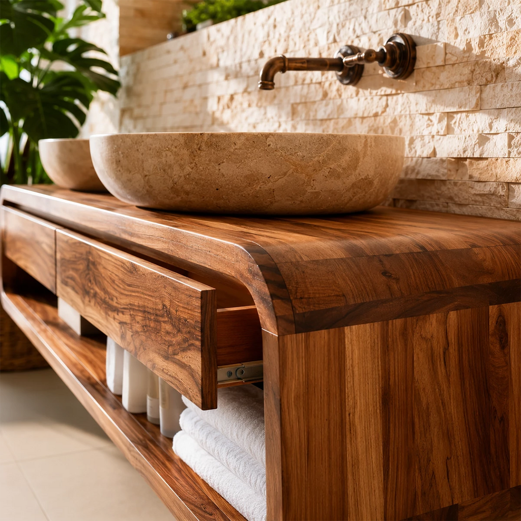 Double Sink Floating Bathroom Vanity With Rounded Wood Frame & Open Storage