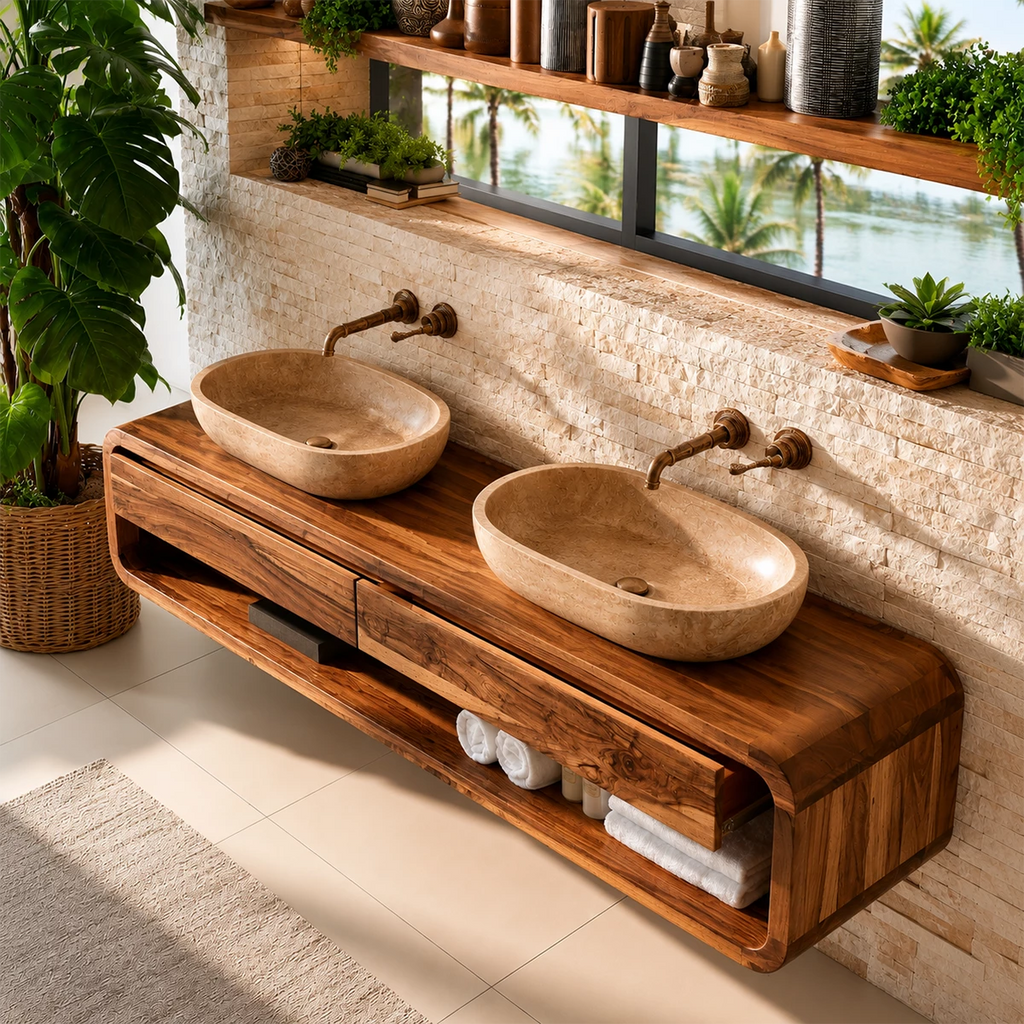 Double Sink Floating Bathroom Vanity With Rounded Wood Frame & Open Storage