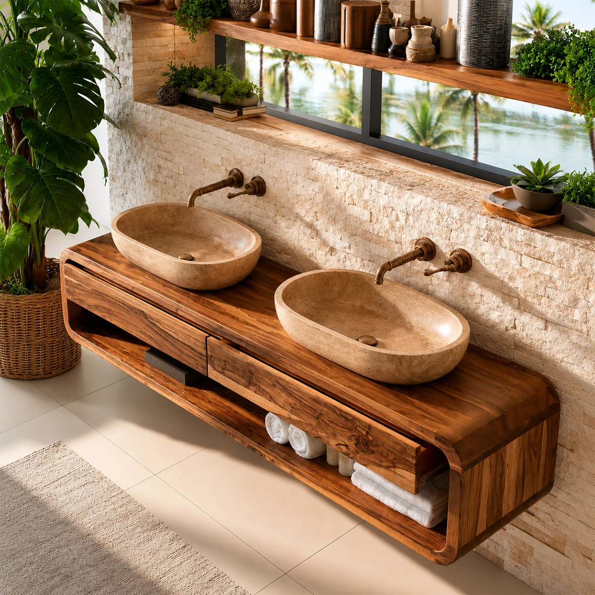 Double Sink Floating Bathroom Vanity With Rounded Wood Frame & Open Storage