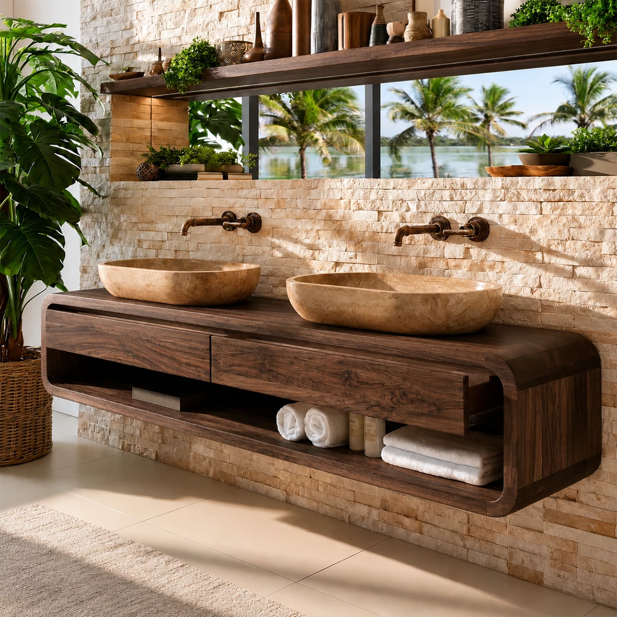 Double Sink Floating Bathroom Vanity With Rounded Wood Frame & Open Storage