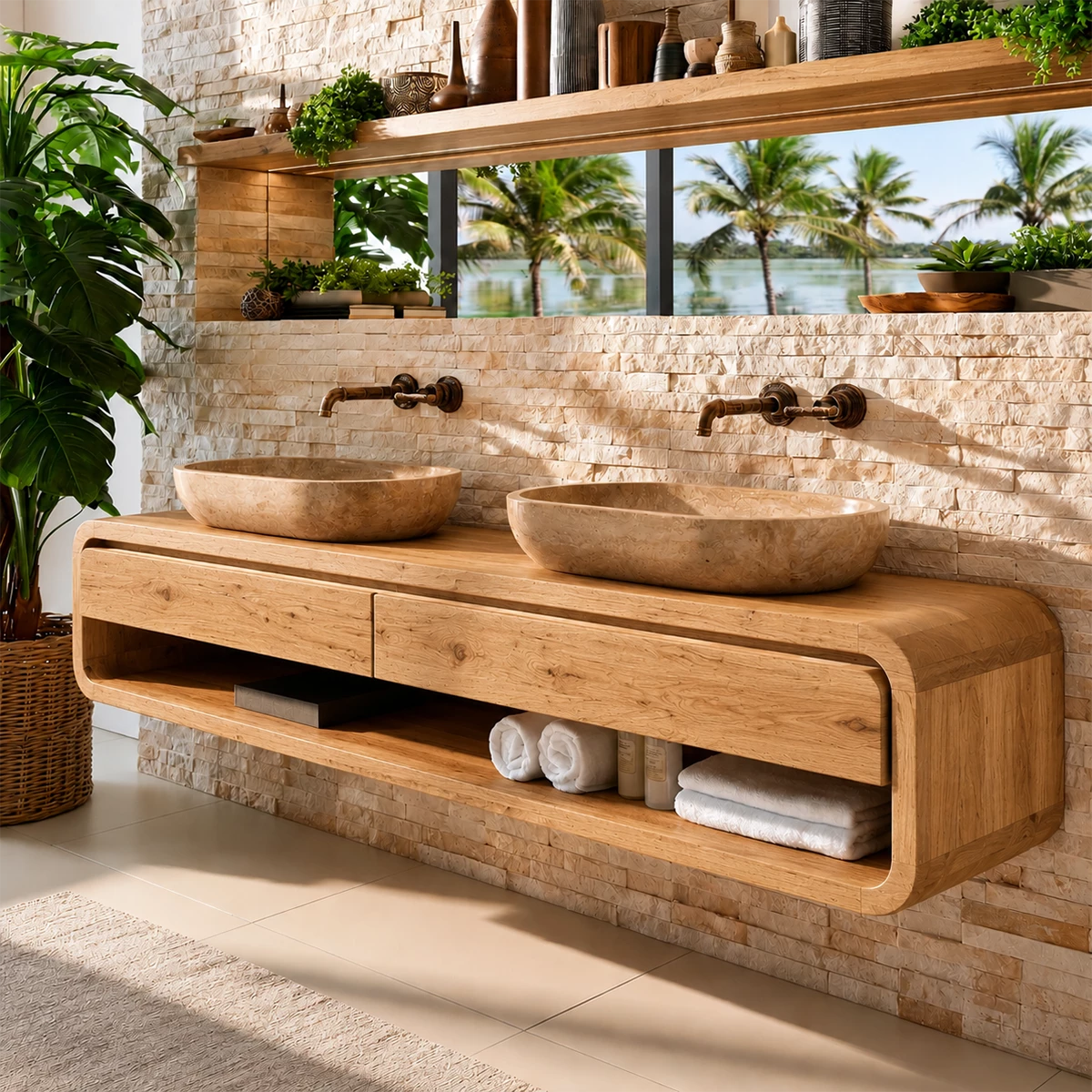 Double Sink Floating Bathroom Vanity With Rounded Wood Frame & Open Storage