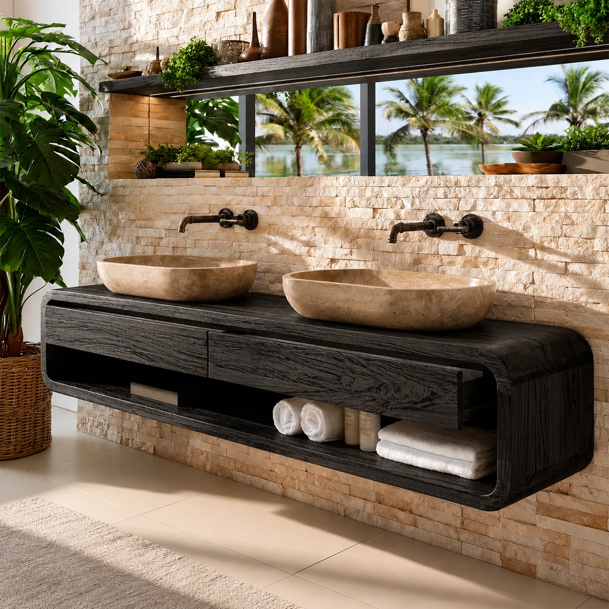 Double Sink Floating Bathroom Vanity With Rounded Wood Frame & Open Storage