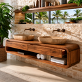 Double Sink Floating Bathroom Vanity With Rounded Wood Frame & Open Storage