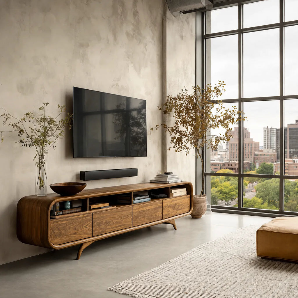 Rounded Natural Solid Wood TV Stand with Open Shelves and Drawer Storage