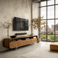 Rounded Natural Solid Wood TV Stand with Open Shelves and Drawer Storage