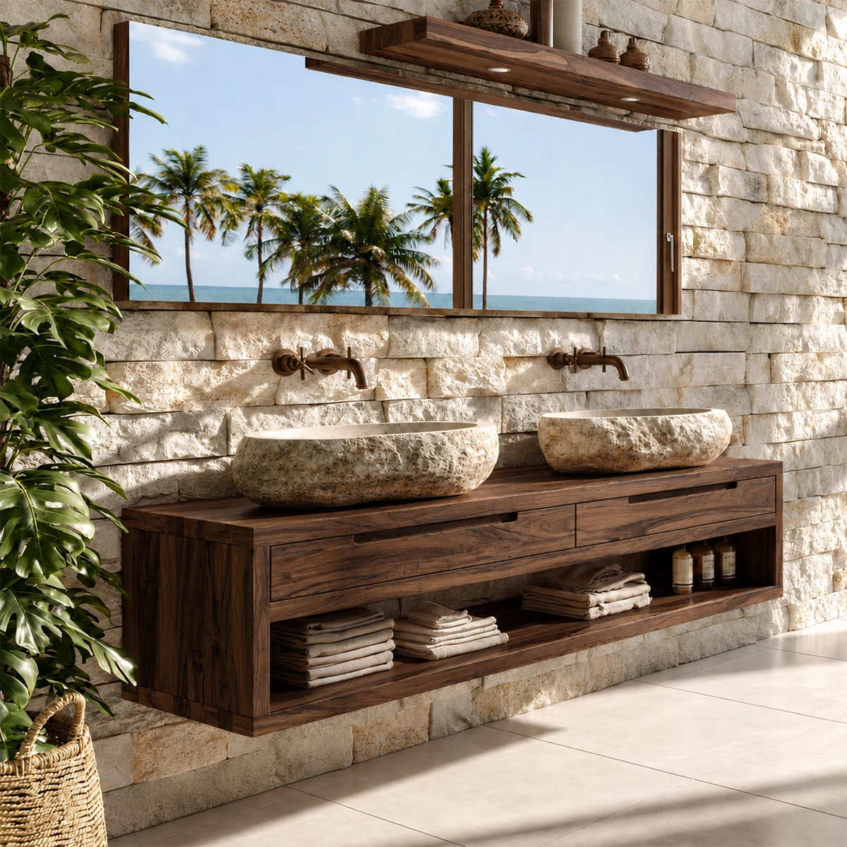 Floating Double Bathroom Vanity With Natural Solid Wood Storage