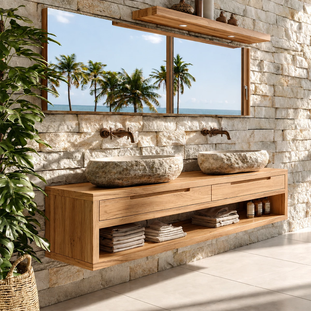 Floating Double Bathroom Vanity With Natural Solid Wood Storage