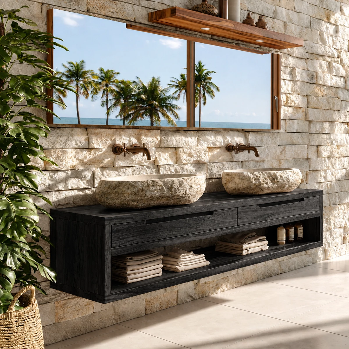 Floating Double Bathroom Vanity With Natural Solid Wood Storage