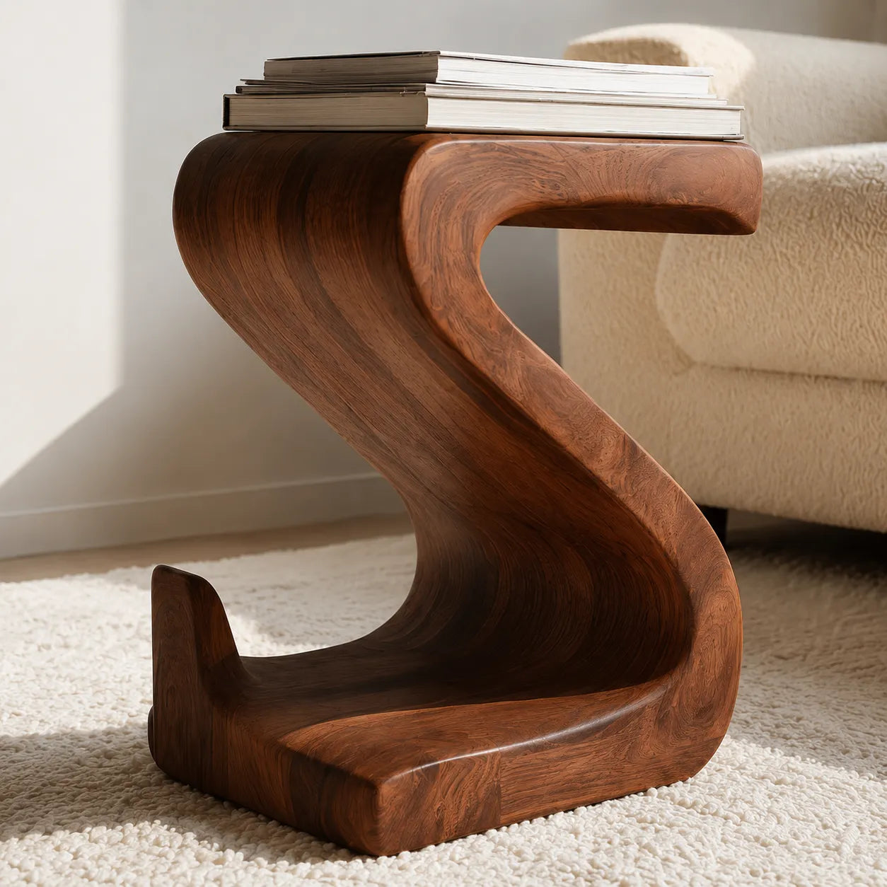 Sculptural Natural Solid Wood Side Table with Curved S Base
