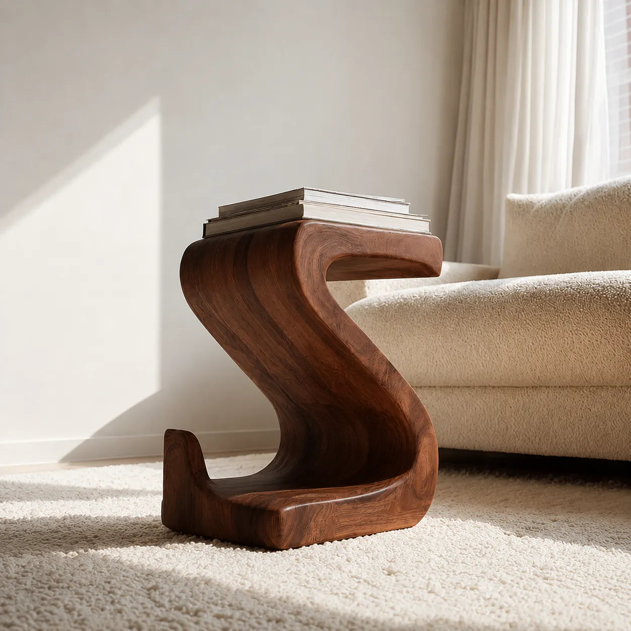 Sculptural Natural Solid Wood Side Table with Curved S Base
