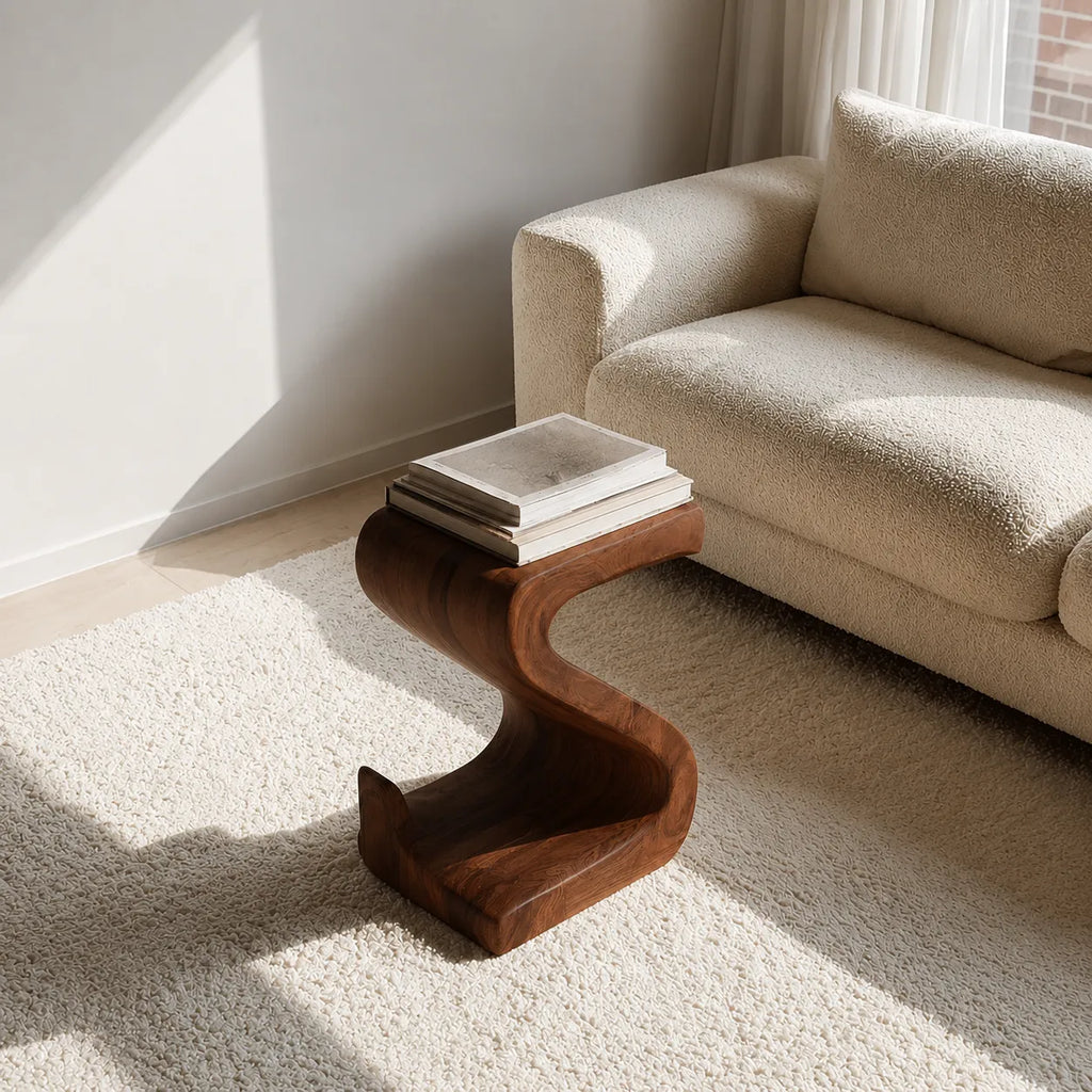 Sculptural Natural Solid Wood Side Table with Curved S Base